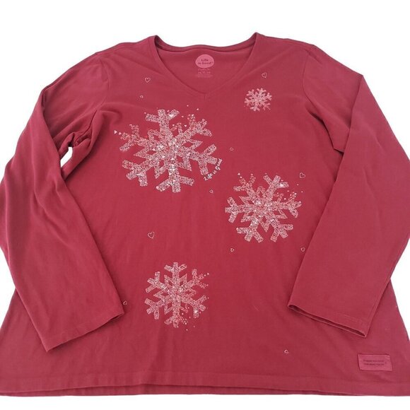 Life Is Good Tops - Life is Good Crusher Tee Snowflake Hearts Cotton Red Long Sleeve Womens Size XL